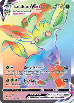 Rainbow VMAX Pokémon card Leafeon VMAX 204/203 from Evolving Skies expansion