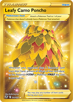 Gold Item Pokémon card Leafy Camo Poncho 214/195 from Silver Tempest expansion