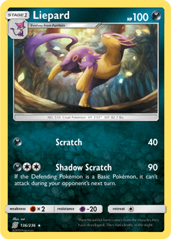 Rare Pokémon card Liepard 136/236 from Unified Minds expansion