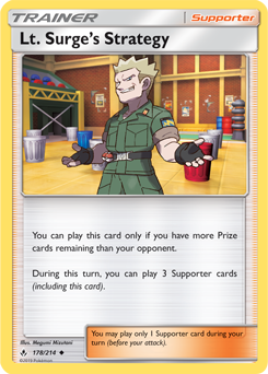 Uncommon Pokémon card Lt. Surge's Strategy 178/214 from Unbroken Bonds expansion