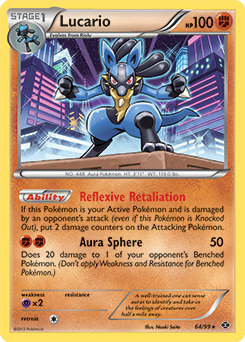 Rare holo Pokémon card Lucario 64/99 from Next Destinies expansion