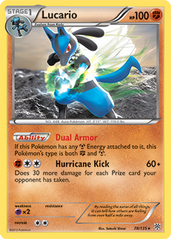 Rare holo Pokémon card Lucario 78/135 from Plasma Storm expansion