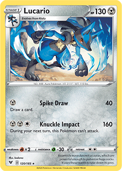 Rare Pokémon card Lucario 120/185 from Vivid Voltage expansion