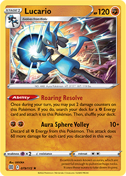 Rare Holo Pokémon card Lucario 079/172 from Brilliant Stars expansion