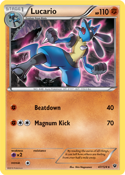 Rare Pokémon card Lucario 47/124 from Fates Collide expansion