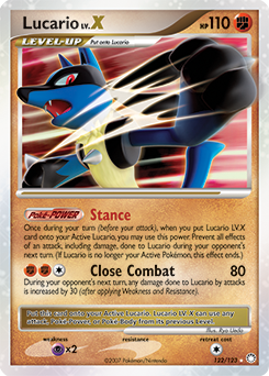 Lv. X Pokémon card Lucario LV.X 122/123 from Mysterious Treasures expansion