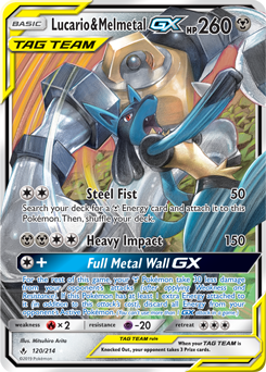 Pokémon GX Pokémon card Lucario Melmetal GX 120/214 from Unbroken Bonds expansion