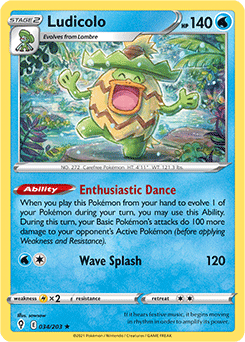 Rare Holo Pokémon card Ludicolo 34/203 from Evolving Skies expansion