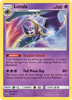 Rare holo Pokémon card Lunala 70/168 from Celestial Storm expansion