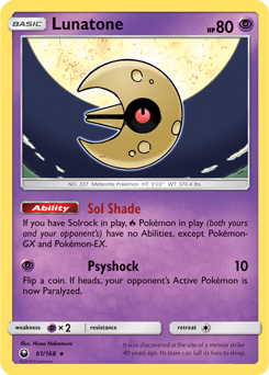 Rare holo Pokémon card Lunatone 61/168 from Celestial Storm expansion