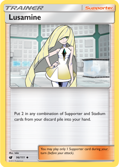 Uncommon Pokémon card Lusamine 96/111 from Crimson Invasion expansion