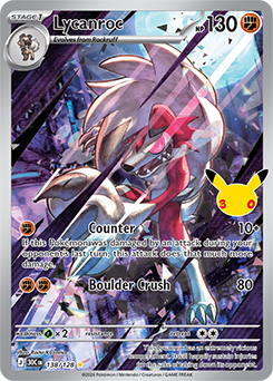 Illustration rare Pokémon card Lycanroc 138/128 from 30th Celebration expansion