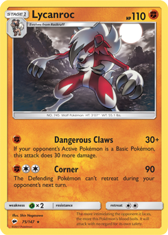 Rare holo Pokémon card Lycanroc 75/147 from Burning Shadows expansion