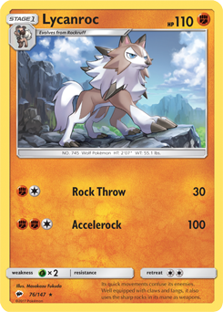 Rare Pokémon card Lycanroc 76/147 from Burning Shadows expansion