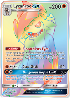 Secret Rainbow GX Pokémon card Lycanroc GX 156/145 from Guardians Rising expansion