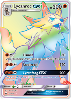 Secret Rainbow GX Pokémon card Lycanroc GX 155/147 from Burning Shadows expansion