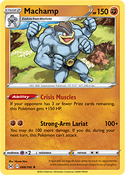 Rare Holo Pokémon card Machamp 088/196 from Lost Origin expansion