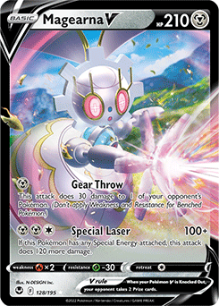 Ultra rare V Pokémon card Magearna V 128/195 from Silver Tempest expansion