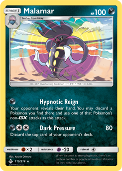 Rare holo Pokémon card Malamar 119/214 from Unbroken Bonds expansion