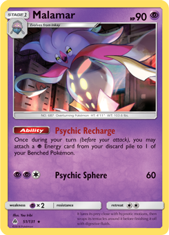 Rare Pokémon card Malamar 51/131 from Forbidden Light expansion