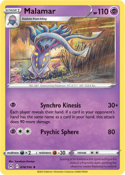 Rare Pokémon card Malamar 078/196 from Lost Origin expansion