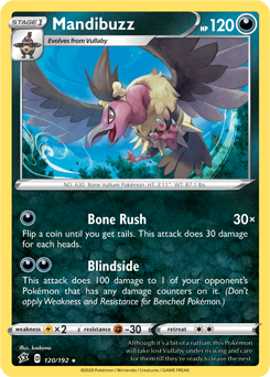 Rare Pokémon card Mandibuzz 120/192 from Rebel Clash expansion