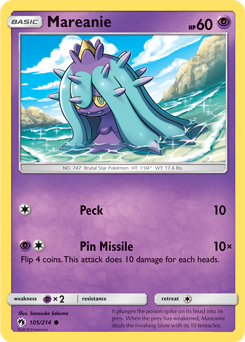 Common Pokémon card Mareanie 105/214 from Lost Thunder expansion