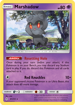 Rare holo Pokémon card Marshadow 81/214 from Unbroken Bonds expansion