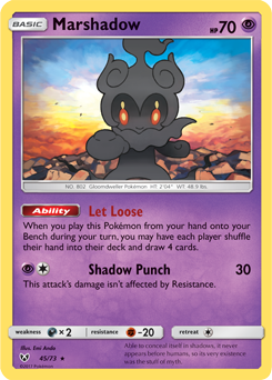 Rare holo Pokémon card Marshadow 45/73 from Shining Legends expansion