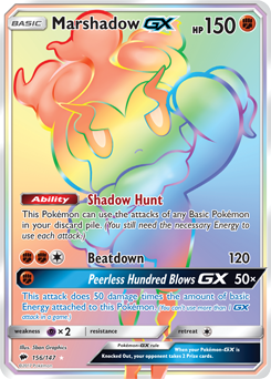 Secret Rainbow GX Pokémon card Marshadow GX 156/147 from Burning Shadows expansion