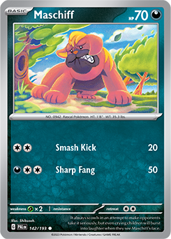 Common Pokémon card Maschiff 142/193 from Paldea Evolved expansion