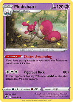 Rare Holo Pokémon card Medicham 073/195 from Silver Tempest expansion