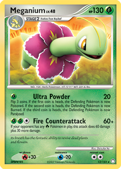 Rare holo Pokémon card Meganium 13/123 from Mysterious Treasures expansion