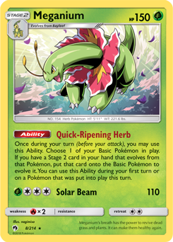 Rare Pokémon card Meganium 8/214 from Lost Thunder expansion