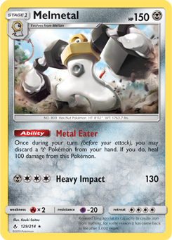 Rare holo Pokémon card Melmetal 129/214 from Unbroken Bonds expansion