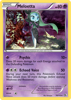 Rare holo Pokémon card Meloetta 78/113 from Legendary Treasures expansion