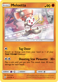 Rare Pokémon card Meloetta 123/236 from Unified Minds expansion