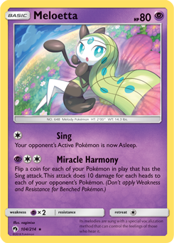 Rare Pokémon card Meloetta 104/214 from Lost Thunder expansion
