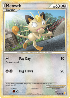 Common Pokémon card Meowth 75/123 from HeartGold SoulSilver expansion