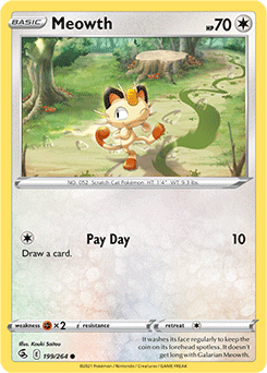 Common Pokémon card Meowth 199/264 from Fusion Strike expansion