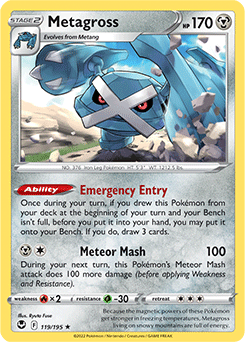 Rare Holo Pokémon card Metagross 119/195 from Silver Tempest expansion