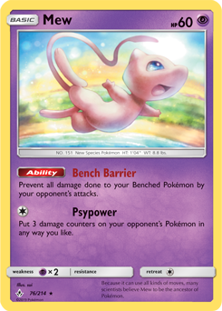 Rare holo Pokémon card Mew 76/214 from Unbroken Bonds expansion