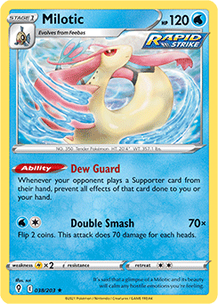 Rare Pokémon card Milotic 38/203 from Evolving Skies expansion
