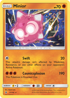 Rare holo Pokémon card Minior 77/145 from Guardians Rising expansion