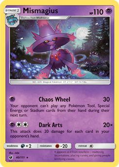 Rare Pokémon card Mismagius 40/111 from Crimson Invasion expansion