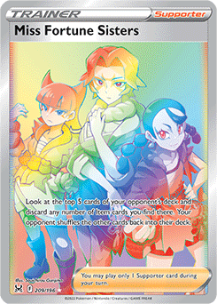 Rainbow Trainer Pokémon card Miss Fortune Sisters 209/196 from Lost Origin expansion
