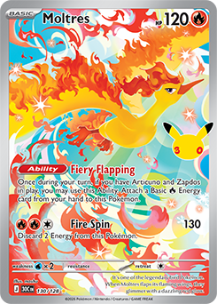 Illustration rare Pokémon card Moltres 130/128 from 30th Celebration expansion
