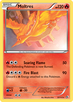 Rare holo Pokémon card Moltres 22/113 from Legendary Treasures expansion