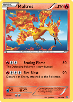 Rare holo Pokémon card Moltres 14/99 from Next Destinies expansion