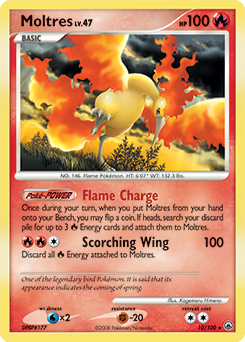 Rare holo Pokémon card Moltres 10/100 from Majestic Dawn expansion